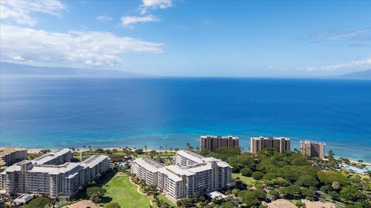Oceanfront condominium resort on Maui's west side, aerial view